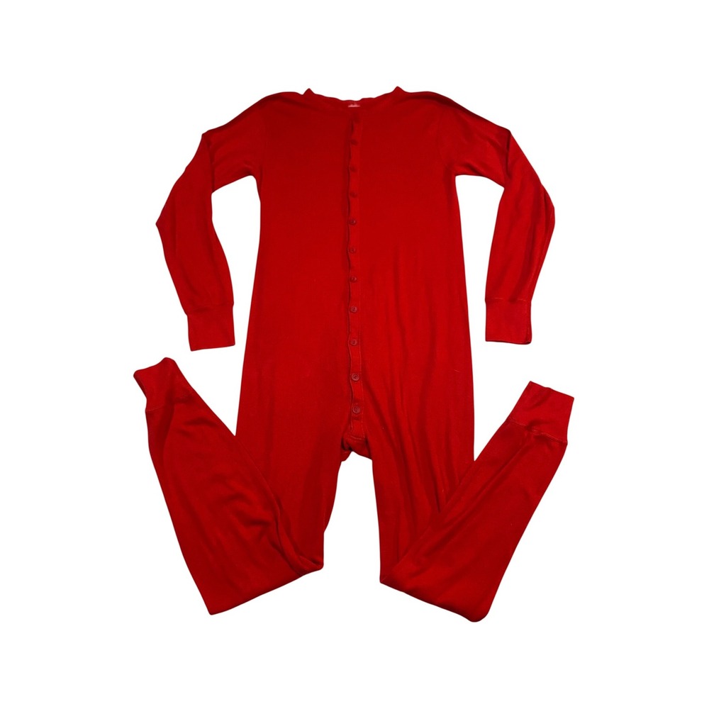 Vintage Mens Red Union Suit Long John One Piece Thermal Pajamas Ribbed Knit